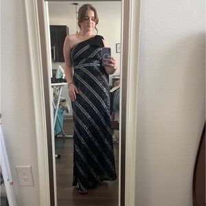 Marchesa Black and Silver One-Shoulder Dress